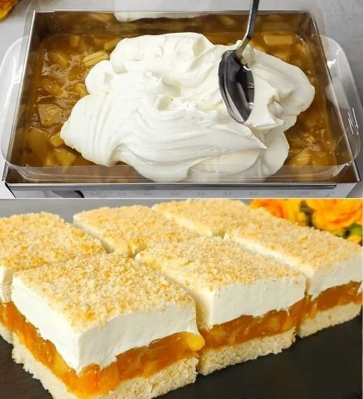 Apfelpudding Schnitten auf einem Teller serviert, verziert mit Äpfeln und Zimt.