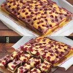 Leckere Blechkuchen mit Kirschen auf einem klassischen Blech serviert.