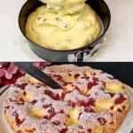 Blitz Kirschkuchen mit Pudding auf einem weißen Teller