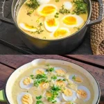 Eier in Senfsauce serviert mit frischen Kräutern auf einem Teller