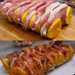 Leckere im Ofen gebackene Schweinespieße auf einem Grillrost