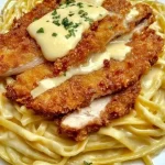 Knuspriges Hähnchen mit cremiger Pasta serviert auf einem Teller