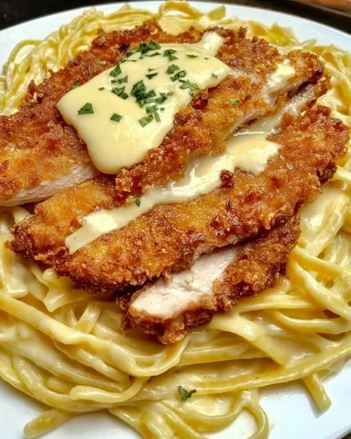 Knuspriges Hähnchen mit cremiger Pasta serviert auf einem Teller