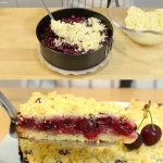 Leckerer Kirsch Streuselkuchen mit Pudding auf einem Teller angerichtet.