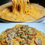 Spaghetti Pfanne mit Champignons und Käse auf einem Teller serviert