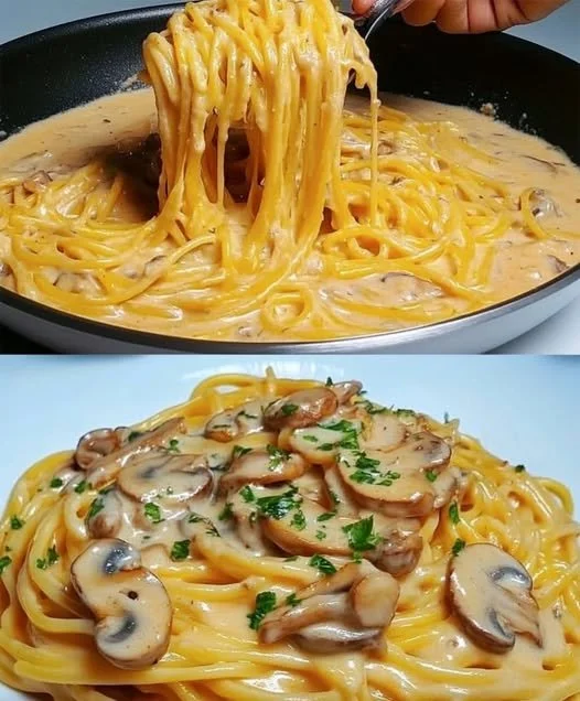 Spaghetti aus der Pfanne mit Champignons und Käse