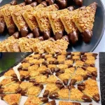 Ultrasaftige Nussecken auf einem Teller, frisch gebacken und dekoriert.