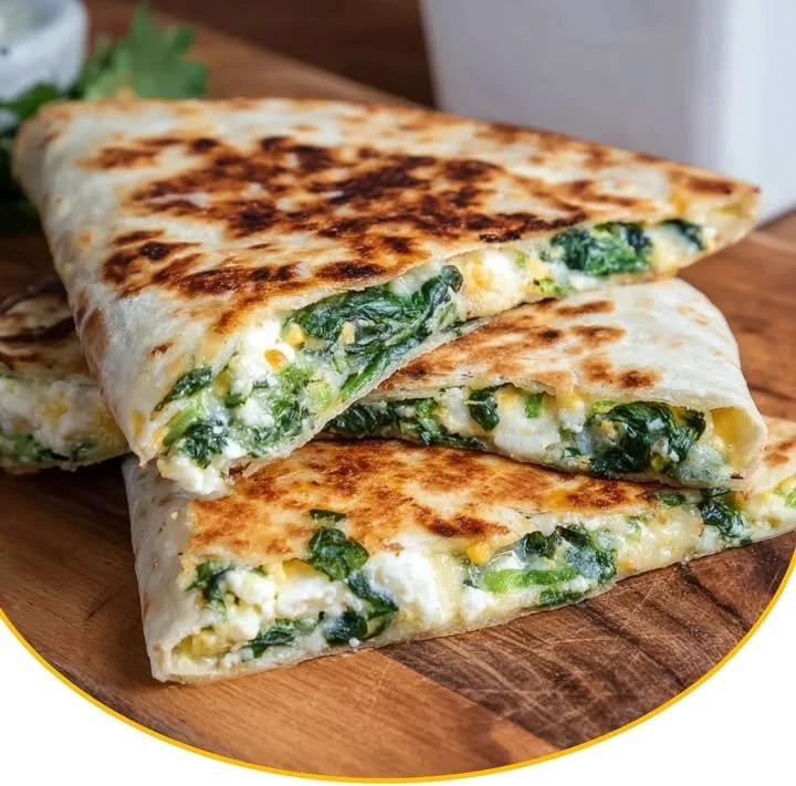 Leckere Spinat-Feta-Quesadillas auf einem Teller serviert.