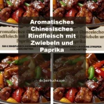Aromatisches chinesisches Rindfleisch mit Zwiebeln und Paprika auf einem Teller.