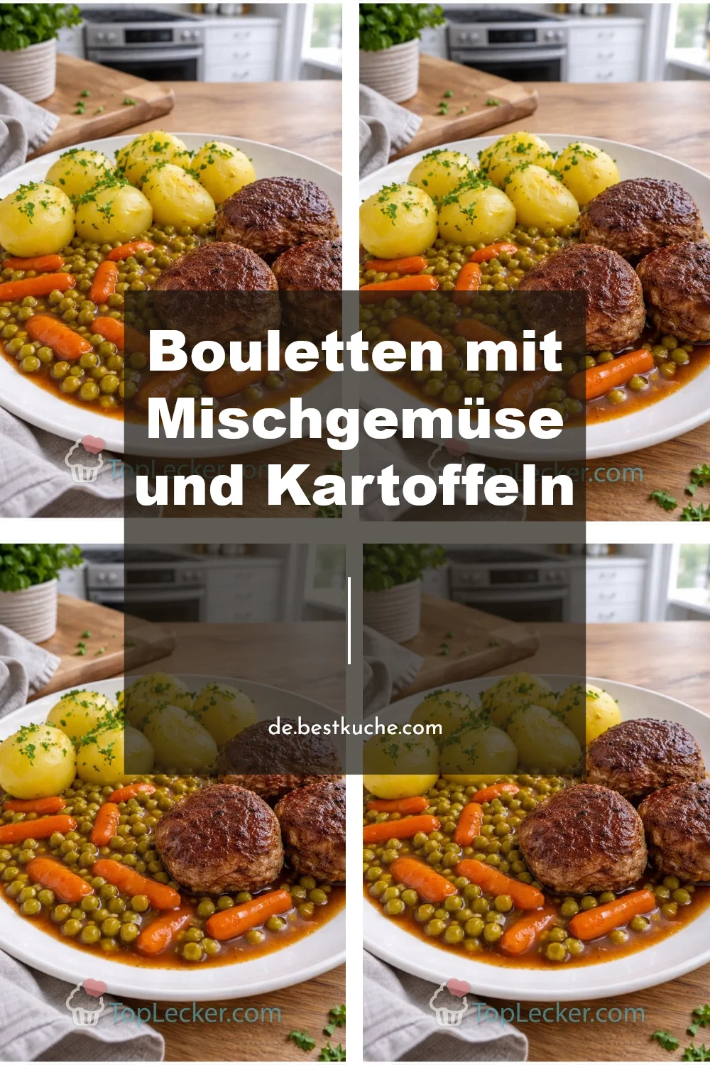 Bouletten mit Mischgemüse und Kartoffeln auf einem Teller serviert