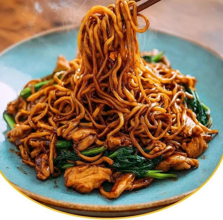 Chinesische gebratene Nudeln mit Hähnchenfleisch angerichtet auf einem Teller