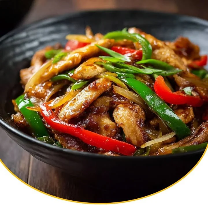 Chinesische Hähnchenpfanne mit Spitzkohl und Zwiebel auf einem Teller serviert.