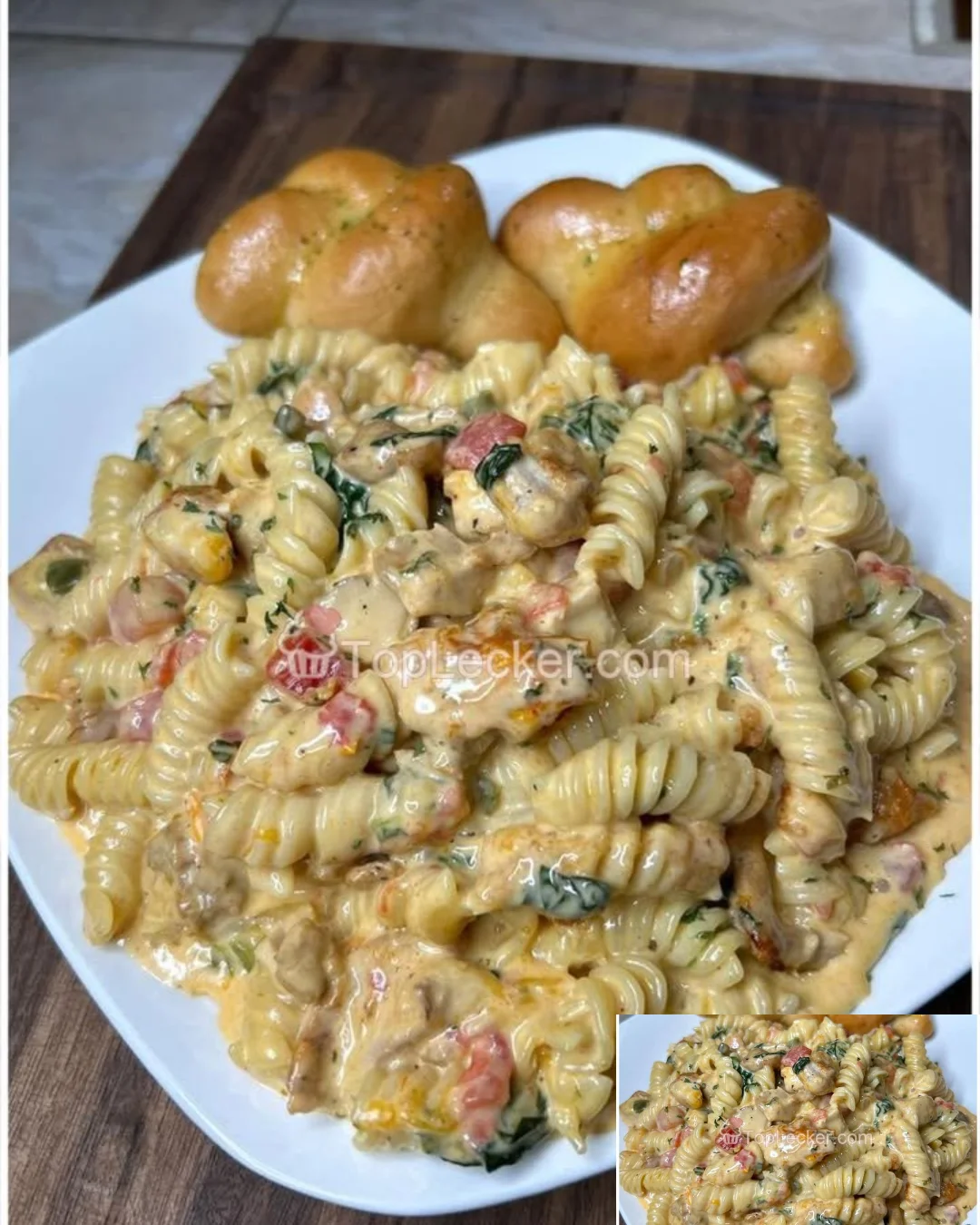 Cremige Pasta mit Hähnchen, Spinat & Tomaten