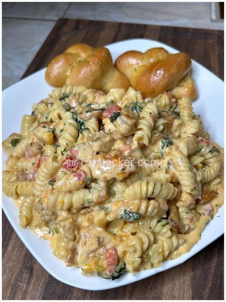 Cremige Pasta mit Hähnchen, Spinat & Tomaten