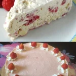 Erdbeer Eistorte mit frischen Erdbeeren und Sahne auf einem Teller.