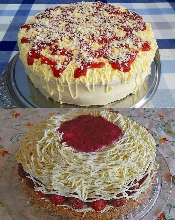 Erdbeer Spaghettieis Torte auf einem Teller mit frischen Erdbeeren garniert.