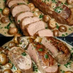 Filetpfanne mit Champignons auf dem Herd zubereitet