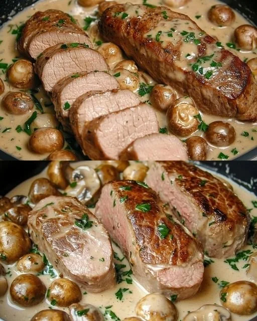 Filetpfanne mit Champignons auf dem Herd zubereitet