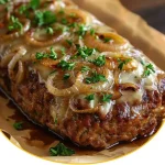 Französischer Zwiebelhackbraten mit Zwiebeln und Gewürzen serviert