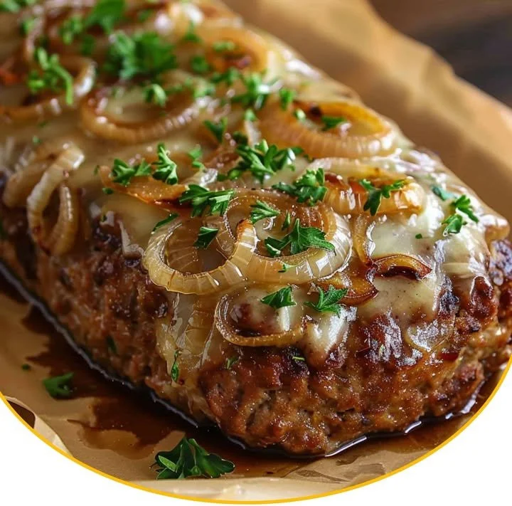 Französischer Zwiebelhackbraten mit Zwiebeln und Gewürzen serviert