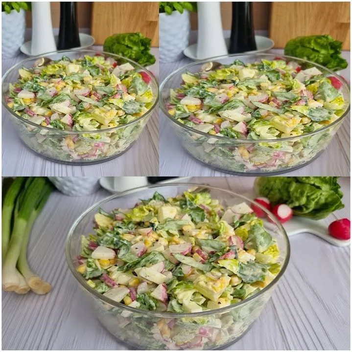 Frühlingssalat mit Ei und Radieschen auf einem Teller angerichtet