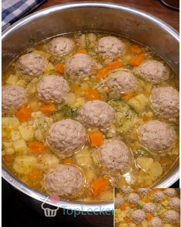 Gemüsesuppe mit Hackfleischbällchen in einer eleganten Schüssel serviert