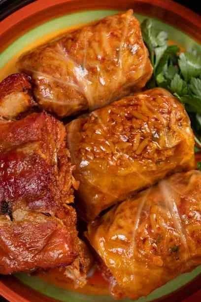 Geschmorte Kohlrouladen mit Fleischfüllung auf einem Teller serviert.