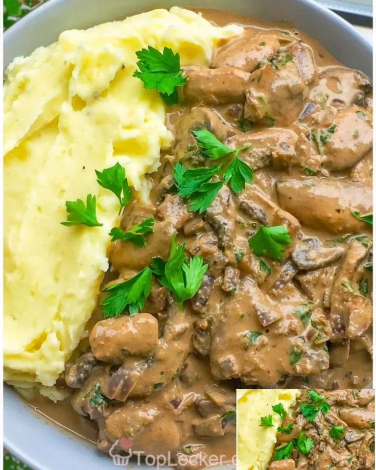 Geschnetzeltes mit Champignon-Rahmsoße und Kartoffelpüree auf einem Teller serviert