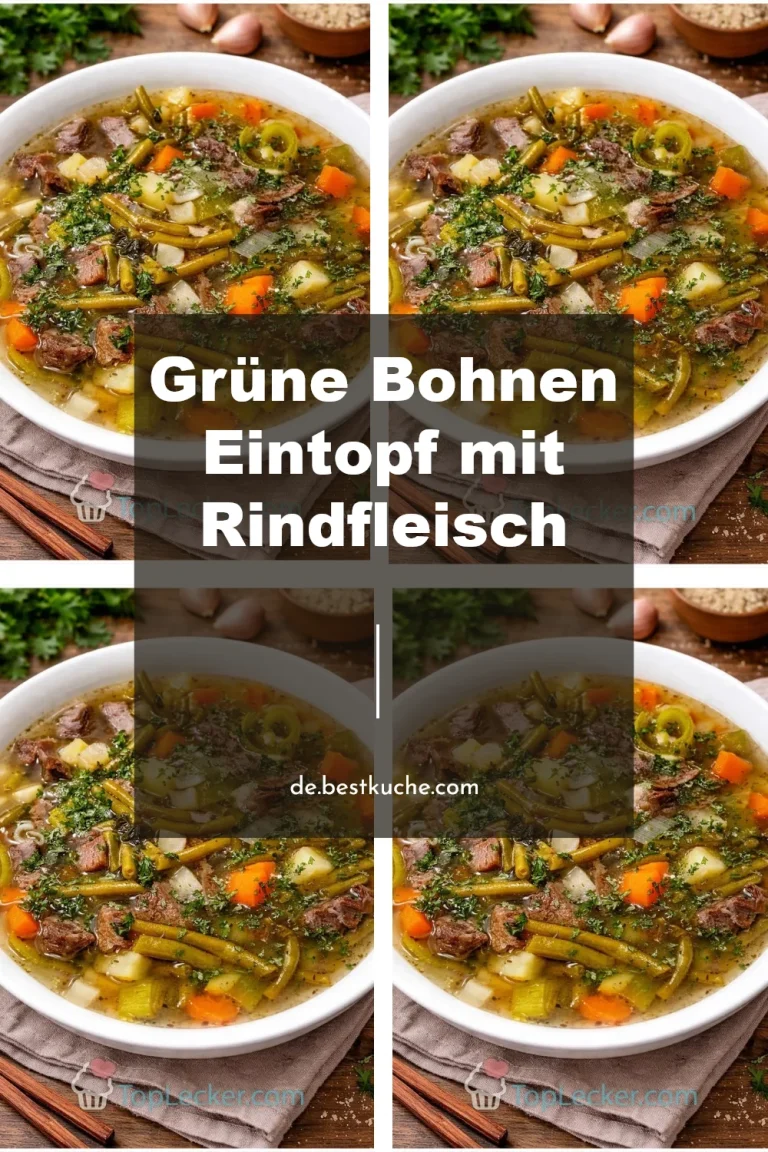 Grüne Bohnen Eintopf mit Rindfleisch serviert in einer Schüssel.