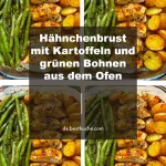 Hähnchenbrust mit Kartoffeln und grünen Bohnen aus dem Ofen auf einem Teller serviert