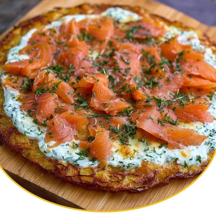 Kartoffel-Pizza mit Lachs, belegt mit frischen Zutaten und cremigen Saucen.
