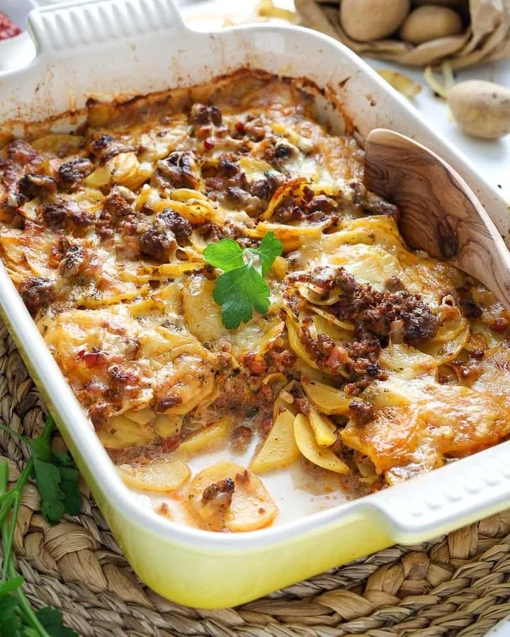 Kartoffelauflauf mit Hackfleisch im Ofen gebacken, lecker und sättigend.