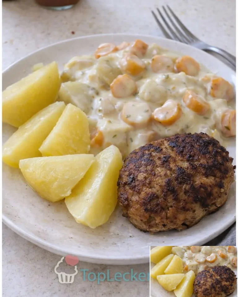 Rahmgemüse aus Kartoffeln, Möhren und Kohlrabi mit einer saftigen Boulette