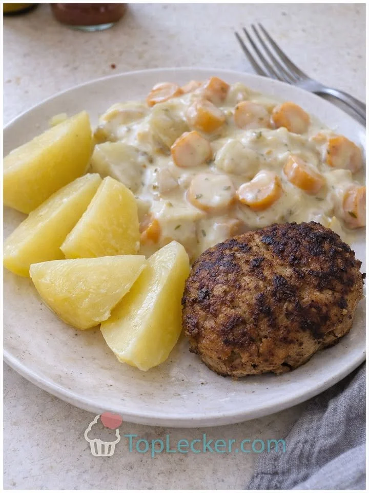 Kartoffeln, Möhren, Kohlrabi Rahmgemüse mit Boulette