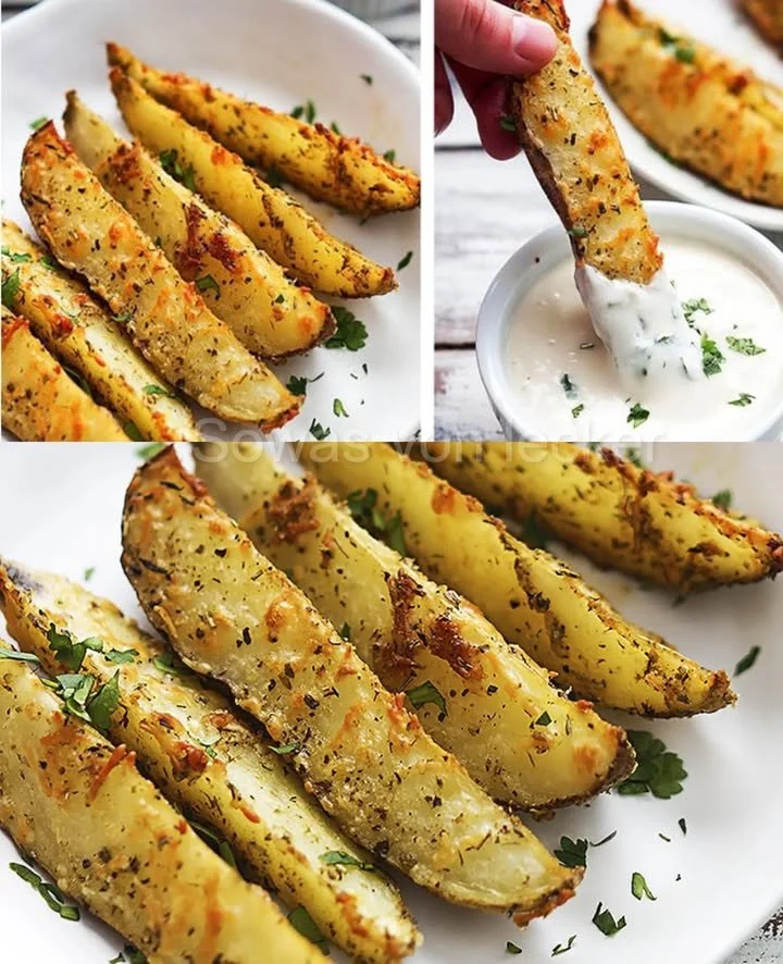 Knoblauch Kartoffelecken mit Parmesan in einer Schale serviert