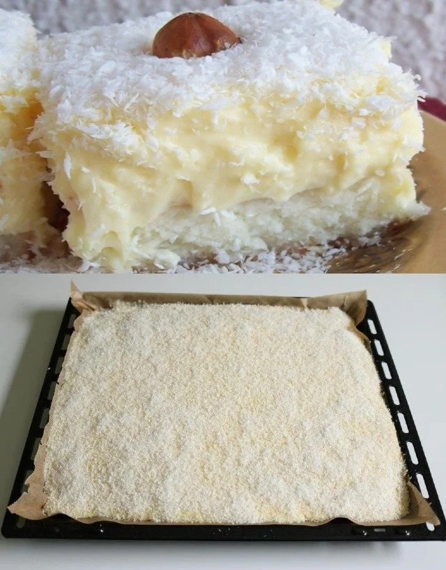 Kokoskuchen mit cremigem Vanillepudding auf einem Teller serviert