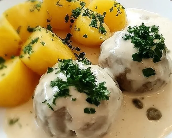 Königsberger Klopse in cremiger Soße mit Kapern serviert.