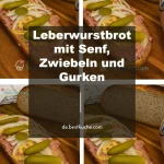 Leberwurstbrot mit Senf, Zwiebeln und Gurken auf einem Holzbrett serviert