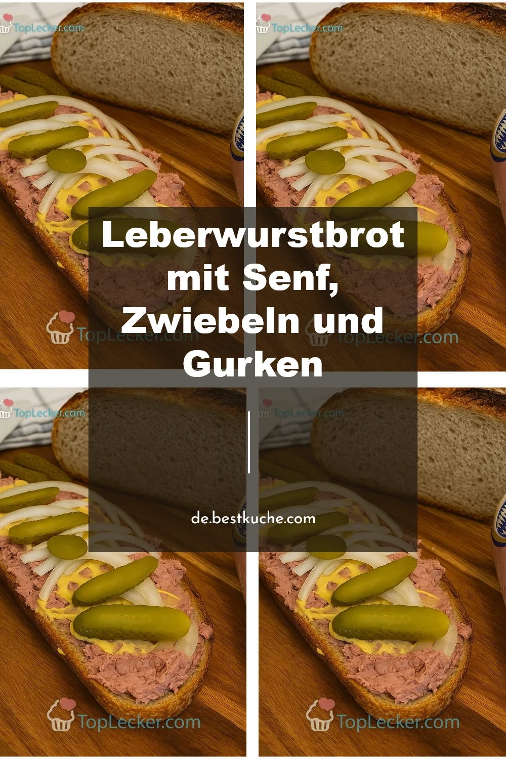 Leberwurstbrot mit Senf, Zwiebeln und Gurken