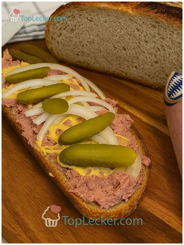 Leberwurstbrot mit Senf, Zwiebeln und Gurken