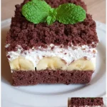 Maulwurfkuchen vom Blech mit Banane auf einem Teller