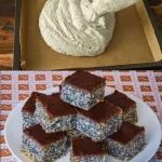 Ein köstlicher Mohnkuchen auf einem Teller, dekoriert mit Puderzucker.