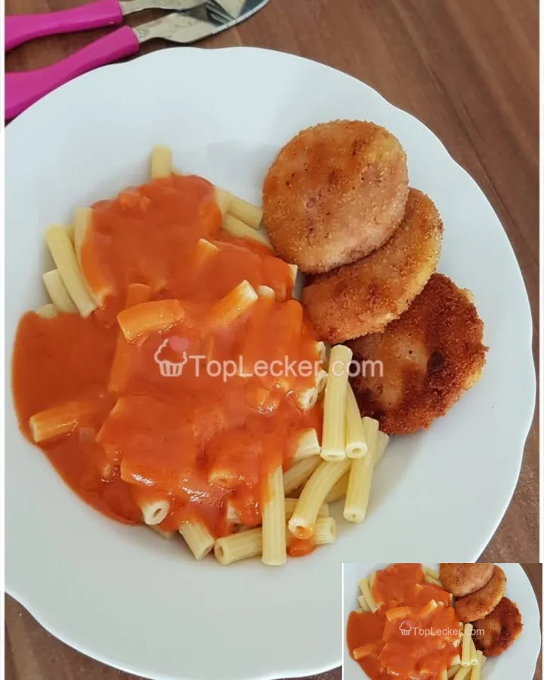 Nudeln mit Tomatensauce und Jägerschnitzel auf einem Teller serviert
