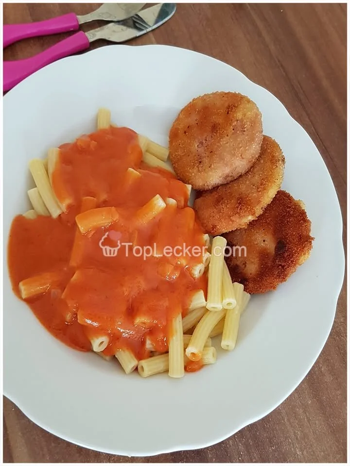 Noodles with tomato sauce and hunter schnitzel