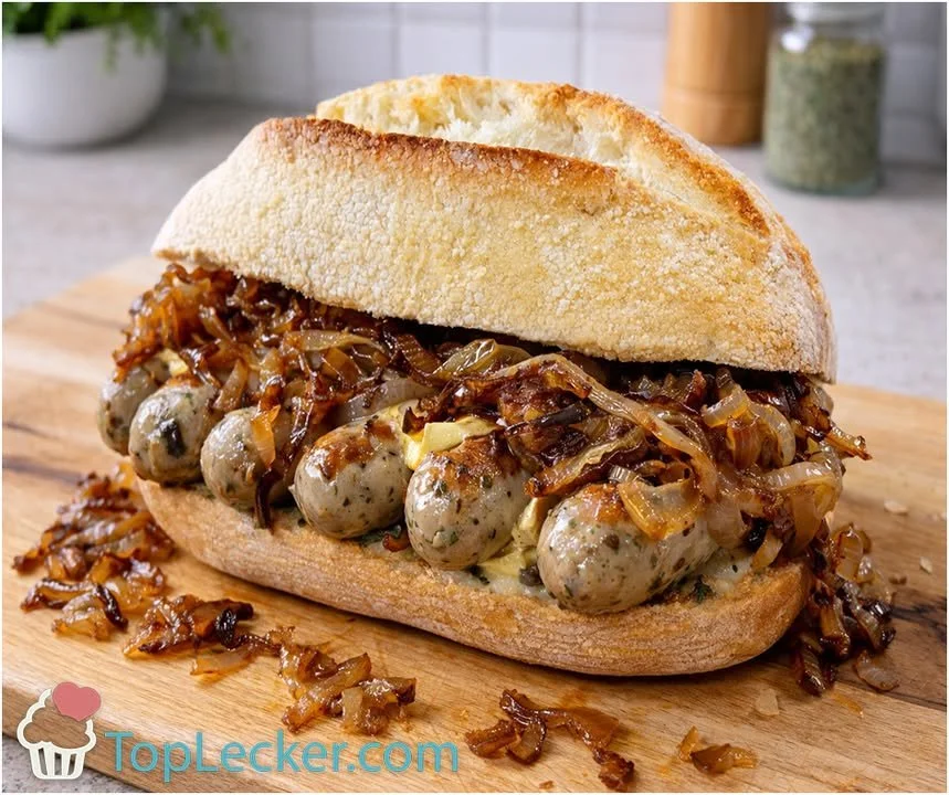 Nürnberger mit Senf und geschmorten Zwiebeln im Brötchen