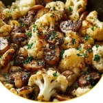 Leckere Pilz-Blumenkohl-Pfanne auf einem Teller serviert