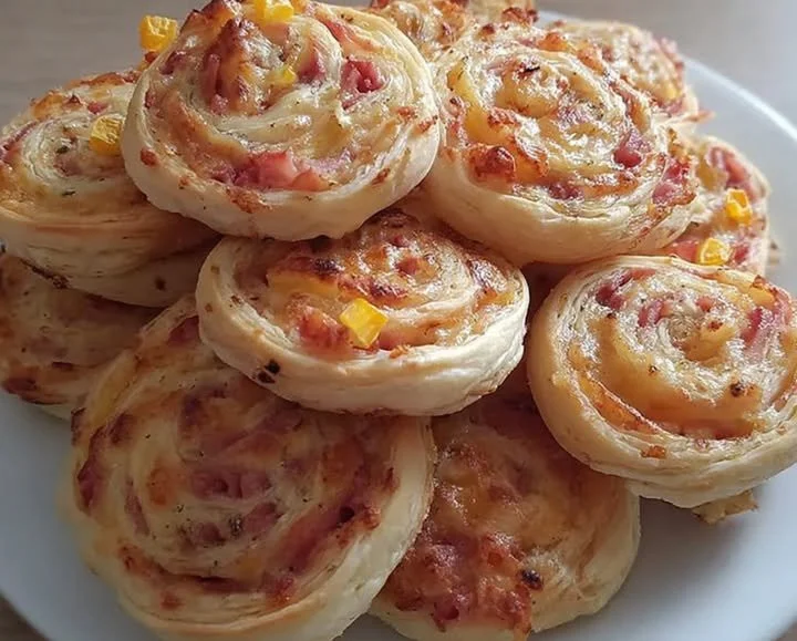 Leckere Pizzaschnecken gebacken und serviert auf einem Holzbrett