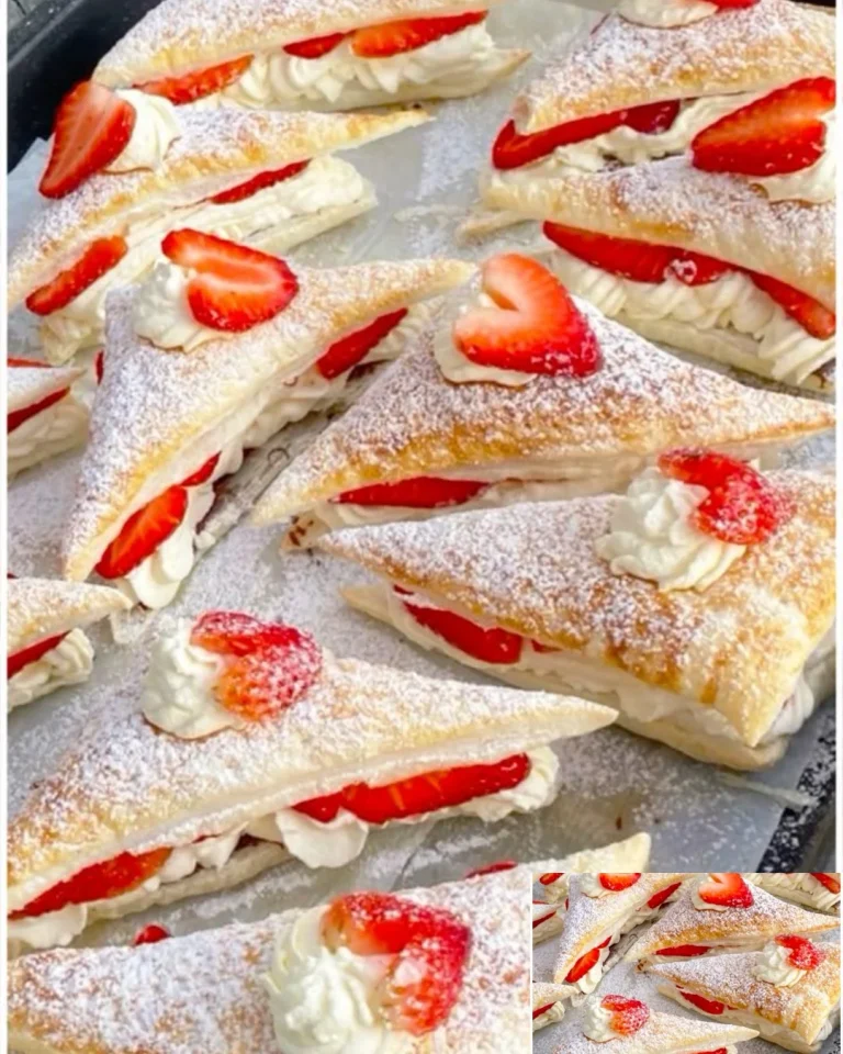Puff-Pastry-Dreiecke mit frischen Erdbeeren auf einem Teller