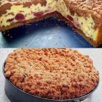 Quark Streuselkuchen mit leckerer Vanille Kirschfüllung auf einem Teller