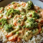 Schüssel mit Reis und Gemüse-Cremekäse-Sauce als gesunde Mahlzeit.